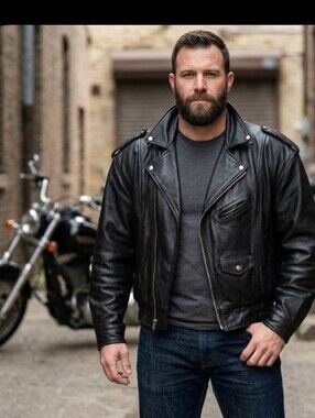 Vtg Black Leather Bomber Jacket Midway Mens M-L Biker Military